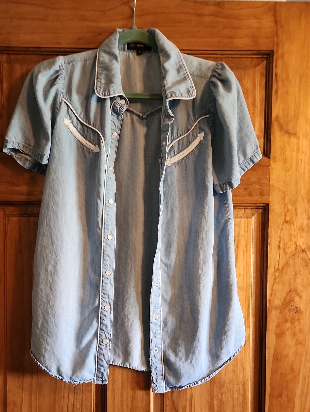 Light Blue Denim Short-Sleeve Pearl Snap Blouse